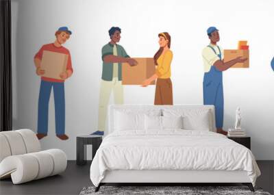 Man and woman holding boxes in hands, moving to office, changing housing or buying new apartment isolated flat cartoon characters. Vector people and paper boxes, belongings, delivery service workers Wall mural