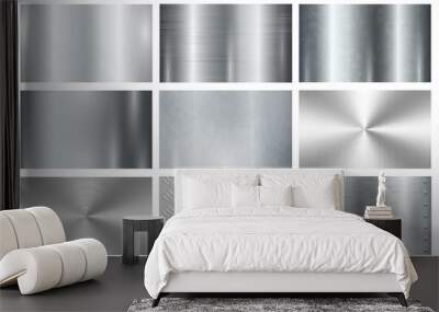 Metal surface finishing texture realistic, isolated set of plaques or samples with polished and shiny surface. Vector smooth sheet of aluminum, chrome or iron, platinum silver signboard Wall mural