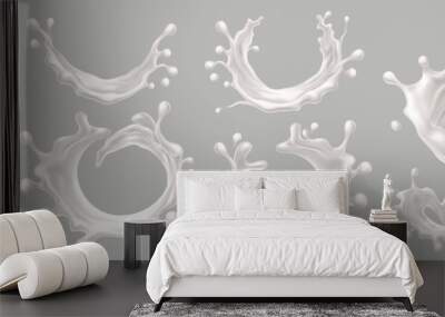 Milk splashes, vector isolated yogurt liquid waves, realistic, set on transparent background. Milk cream drops, abstract white spiral swirls and wave, round splashes, dairy milky drink flow drips Wall mural