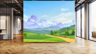 Mountain landscape with green hills, sandy road and natural valley. Vector picturesque place background, green fir trees and rocks. Snowy mounts, scenic hills, spring or summer nature, blue sky Wall mural