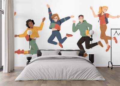 Multicultural students jumping, happiness success, happy young people, vector flat cartoon. University students or college and school friends jump up with raised hands and happy smiles of celebration Wall mural