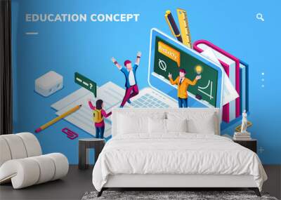 Online education page for smartphone application or digital college, school banner with man and woman student. E-learning page with notebook and people. Digital course, tutorial, information concept Wall mural