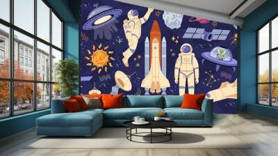 Outer space and galaxy exploration, cosmonauts and spaceships, astronauts and planets, celestial bodies and aliens with flying objects in sky. Cartoon character in flat style vector illustration Wall mural