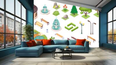 Park trees and landscape elements set, vector isolated isometric icons. Park and garden landscaping constructor, isometric trees, ponds and benches, fountain, plants and flowers, grass and hedges Wall mural