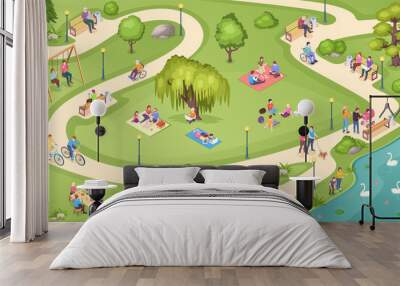 People in city park, family rest, summer picnic and leisure activity, isometric vector background. People in public park, sitting on bench, reading books under tree, walking and feeding swans in pond Wall mural