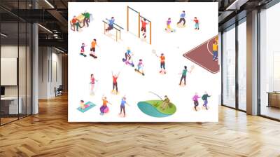 People in park, sport activity and leisure games, vector isometric isolated set. Kids playing football, tennis and volleyball, workout sport ground, family jogging, people playing chess and fishing Wall mural