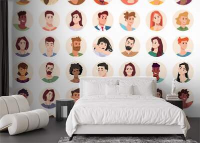 People portraits and emotional faces icons set. Vector group of men and women. Diversity of personages, multiethnic society. Cartoon characters expressing emotions laughter and joy, smile, calmness Wall mural