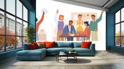 People working in office cheering and applauding. Vector business workers signing documents or agreement, handshaking and celebrating promotion of colleagues. New contacts and partners cooperation Wall mural