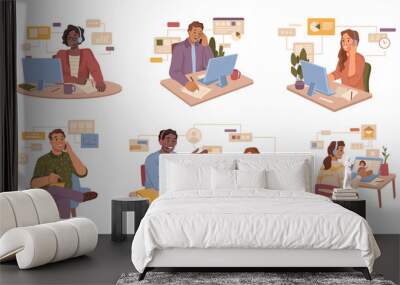 People working with clients and customers communicate over phone isolated flat cartoon characters at work set. Vector workers with laptops and computers, video conference or meeting with team Wall mural