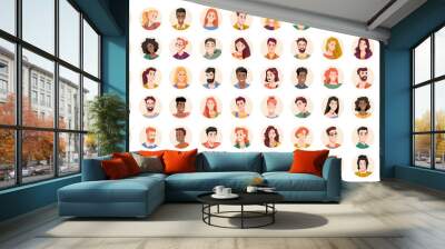 Portraits and avatars of people, male and female expressing emotions. Laughter and joy, smile and calmness. Diversity of personages, multiethnic society. Cartoon characters, vector in flat style Wall mural