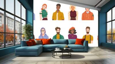 Portraits of people from different cultures and nations. Isolated set of males and females, positive youth or adults wearing hipster cloth. Diverse personages. Cartoon character, vector in flat style Wall mural