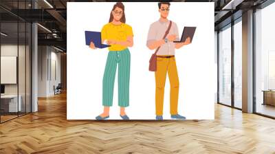 Programmers or web designers, freelance workers rewrighters copywriters, interpreters or translators man and woman with laptops isolated flat cartoon characters. Vector remote online employeeres Wall mural