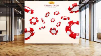 Red 3d casino chips or flying realistic tokens for gambling, entertainment house volumetric blank or empty cash for roulette or poker, blackjack. Gamble and winner, risk and luck, betting and fortune Wall mural