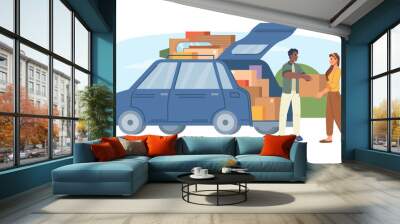 Relocating and moving to new apartment or office, people loading boxes to minivan car flat cartoon illustration. Vector young couple man woman characters packing belongings to vehicle, house moving Wall mural