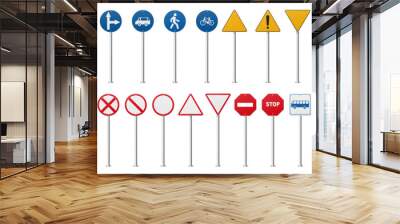 Road signs, isolated realistic traffic boards with information and messages for drivers on street or highway. Vector bus and cycle zone, no entry, u turn and no parking, roundabout symbol Wall mural