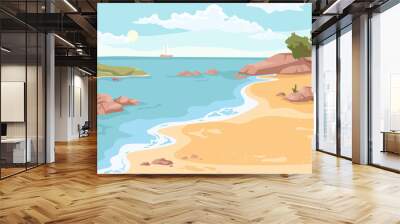 Seashore landscape background in flat cartoon. Vector sea beach with exotic green trees, rocky cliffs, ship yacht on horizon. Paradise island vacation at ocean. Nature scenery, sandy coast and rocks Wall mural