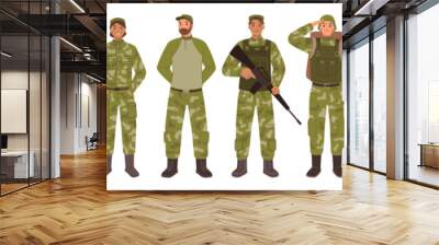 Service people, military men and women with guns wearing special clothes, fighters set. Soldier infantry in helmet and life vests. Flat cartoon, vector illustration Wall mural