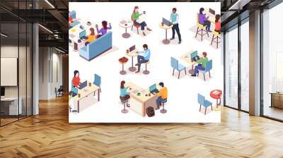 Set of isolated vector isometric people with notebook at cafe. Cafeteria work or job at dining room infographic element. Workspace icons. Coworker with coffee or tea. Business lunch with coffee Wall mural