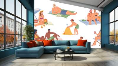 Set of people relaxing on beach isolated flat cartoon characters. Vector afro american man and woman sunbathing, child building sandy castles, couple sitting under umbrella, granny drinks cocktail Wall mural