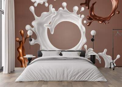 Set of realistic splashes and drops of milk and melted chocolate. Dynamic circle splashes of whirl liquid chocolate, milk products, coffee, cocoa. Design elements for packaging. Vector 3d illustration Wall mural