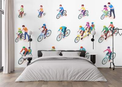 Set of vector man and woman bicyclist with kid or child. Bicycle transport. Triple and double, duo, sport bike. Vehicle with wheel and pedal. Couple or tandem riding. Children tricycle. Biking Wall mural