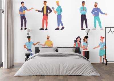 Set promoters, advertise and telling people isolated. Vector man and woman on conference, marketing managers giving information about goods. Stickman characters in casual cloth, advertisement workers Wall mural