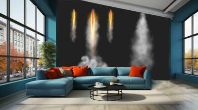 Smoky trail and fire burst effect from launching rocket. Vector isolated taking off spacecraft or spaceship, vapor or missile light. Meteor or comet trace in sky. Gas or fume from jet or shuttle Wall mural