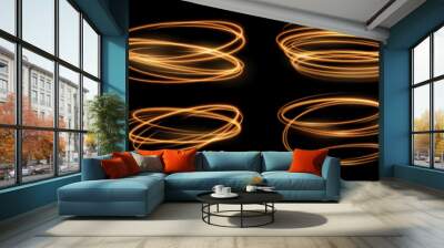 Spiral effect, sparkling gold glitter glow flare, fire light circles and ring trails. Vector abstract fire circles, sparkle magic swirls and energy light spiral spin twirls isolated set on black Wall mural