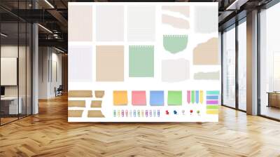 Torn empty notebook pages with uneven edges, isolated sticky notes and memos for important information. Vector isolated adhesive tape and clips, push pins for cardboard, blank bookmarks Wall mural