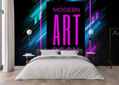 Vector modern frame with geometric neon glowing lines isolated on black background. Art graphics with glitch effect. Design element for business cards, gift cards, invitations, flyers, brochures. Wall mural