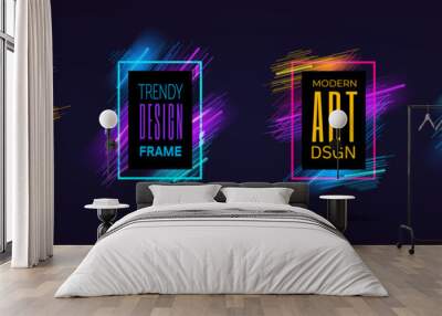 Vector modern frames with dynamic neon glowing lines isolated on black background. Art graphics with laser effect. Design element for business cards, gift cards, invitations, flyers, brochures. Wall mural