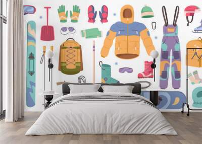 Vector winter sport equipment cartoon set. Illustration of ski and curling, skates and warm clothes helmet and skating goggles, mittens and sticks. Extreme sport equipment flat elements Wall mural