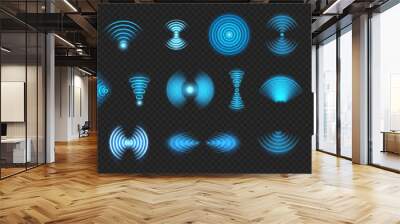 Wireless sensor signal or network connection sign with neon glow. Vector isolated digital radar or sonar, sound wave of round shape. Wifi technology, monitoring and electronic protection Wall mural