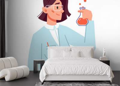 Woman scientists in laboratory experimenting and creating vaccines. Professor with liquid in beaker testing and studying results. Vector in flat cartoon style Wall mural