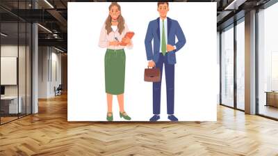 Young business people isolated flat cartoon man and woman. Vector executive workers in suits, happy employers in casual formal cloth. Businessman with briefcase and businesswoman, managers team staff Wall mural