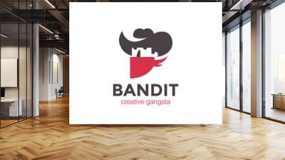 Cowboy in Hat Bandit Logo design vector template Negative space style...Western Gangster man Logotype. Wild west concept icon. Wall mural