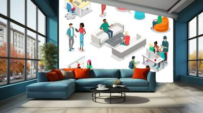 Flat isometric 3d casual people characters vector interior set Wall mural