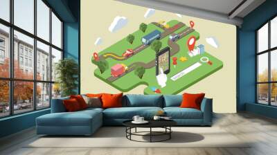 Flat map mobile phone GPS navigation 3d isometric concept Wall mural