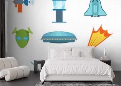 Flat vector space alien web app icons: satellite spaceship UFO Wall mural