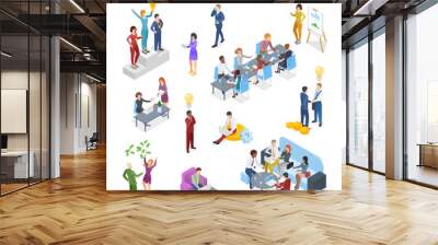 Isometric Business People Teamwork Winner Partnership Idea Profit Finance Report Analysis Statistics working concepts with Money gold coins Flat vector illustration. Wall mural