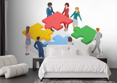 Isometric Teamwork Partnership Leadership flat design vector illustration. Team of People work gathering four Parts of Puzzle. Wall mural