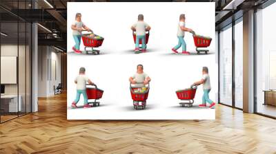 Man walking with Shopping Cart different views isolated on black background 3D illustration Wall mural