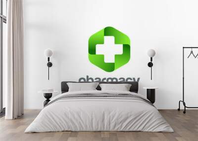 Pharmacy Logo Medicine green cross vector. Eco Medical clinic Wall mural