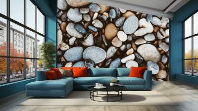 Group of white, brown, grey and black pebbles. Nature textured background. Wall mural