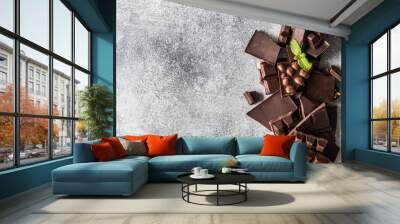 Various chocolate slices on a grey background sprinkled with mint leafs Wall mural