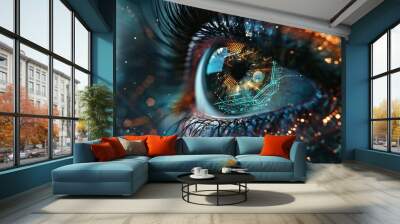 A closeup shot of human eyes with digital tech lines Wall mural