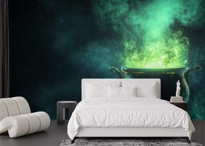 A mystical black cauldron emits vibrant green smoke in a dark, enchanting atmosphere. Wall mural