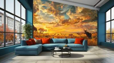 A painting of a savanna with a giraffe, a herd of animals, and a sunset Wall mural