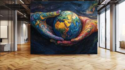 A pair of colorful hands hold a globe of earth. global unity Wall mural