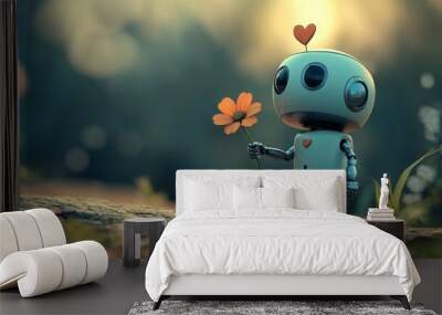 A small robot holding a flower in a field. Wall mural